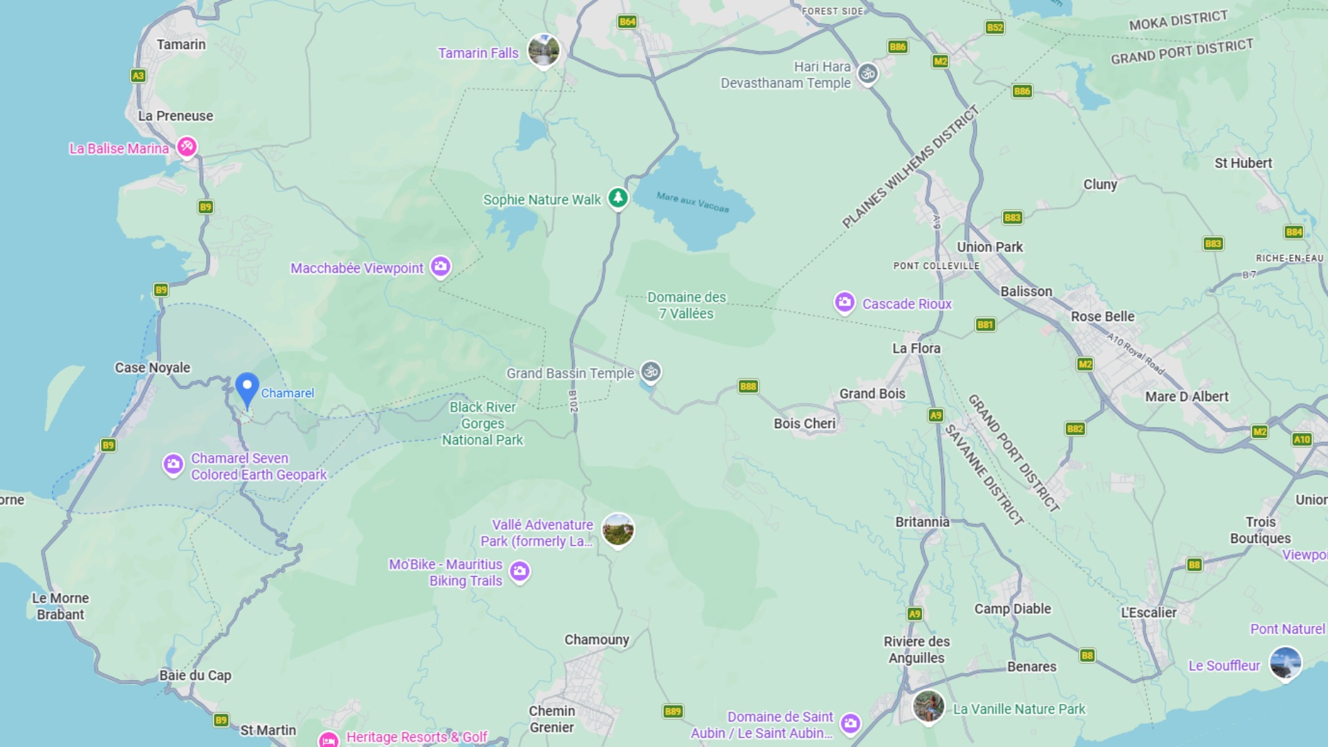 Where is Chamarel located in Mauritius?